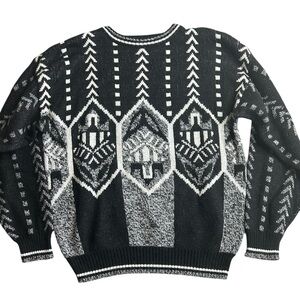 Vintage Nuovo New Forces Sweater Men’s‎ Large Black White Geometric Knit 80s 90s